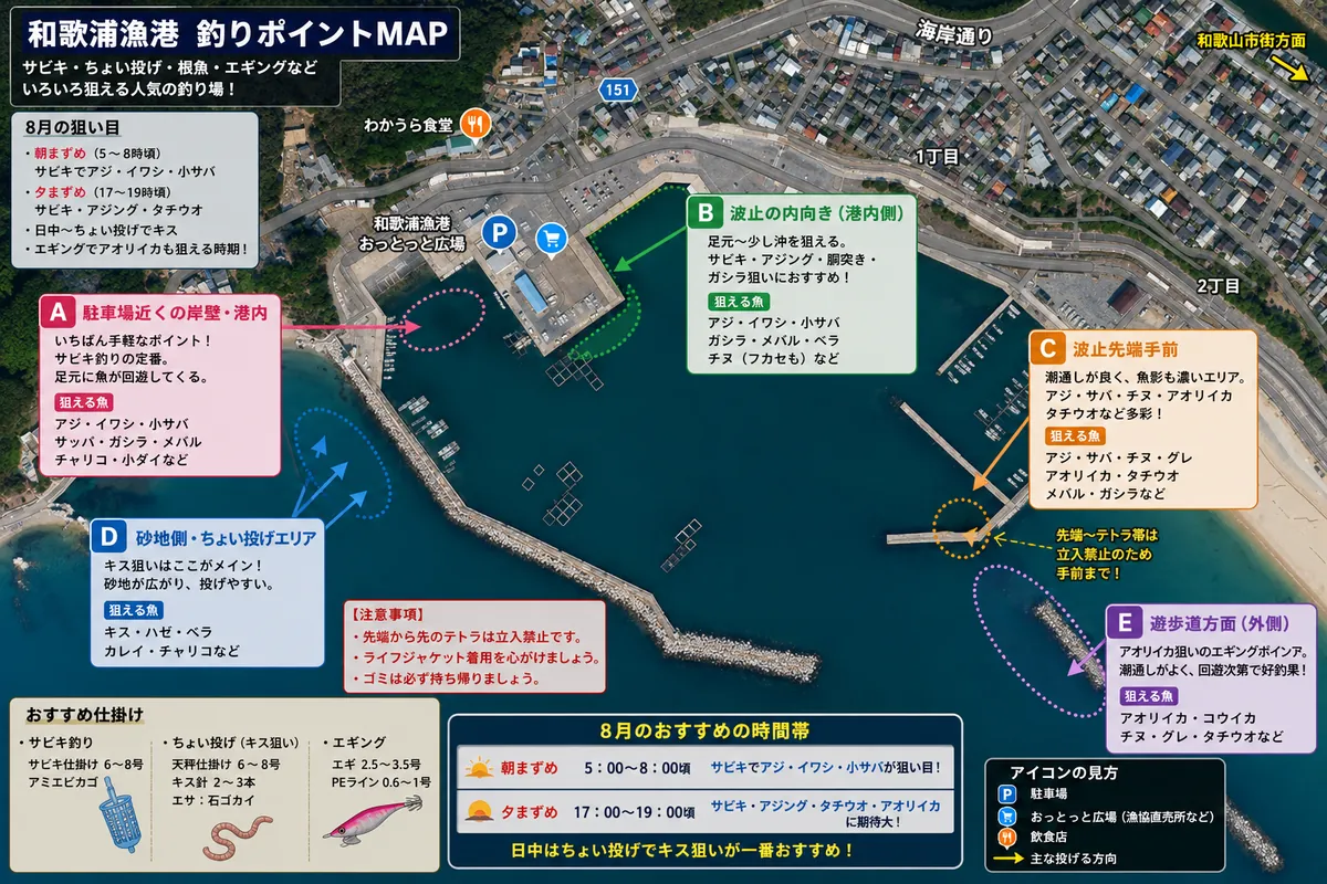 和歌浦漁港の釣りポイントMAP、狙い目の時間帯とエリア