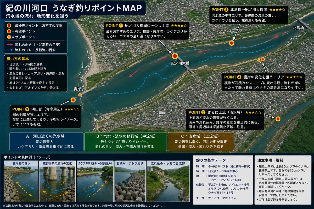 紀の川河口 うなぎ釣りポイントMAP。5つの狙い目ポイントとA/B/Cゾーンを示した図。実際の地形・流れとは異なる場合があるため釣行時は現地状況を優先してください。