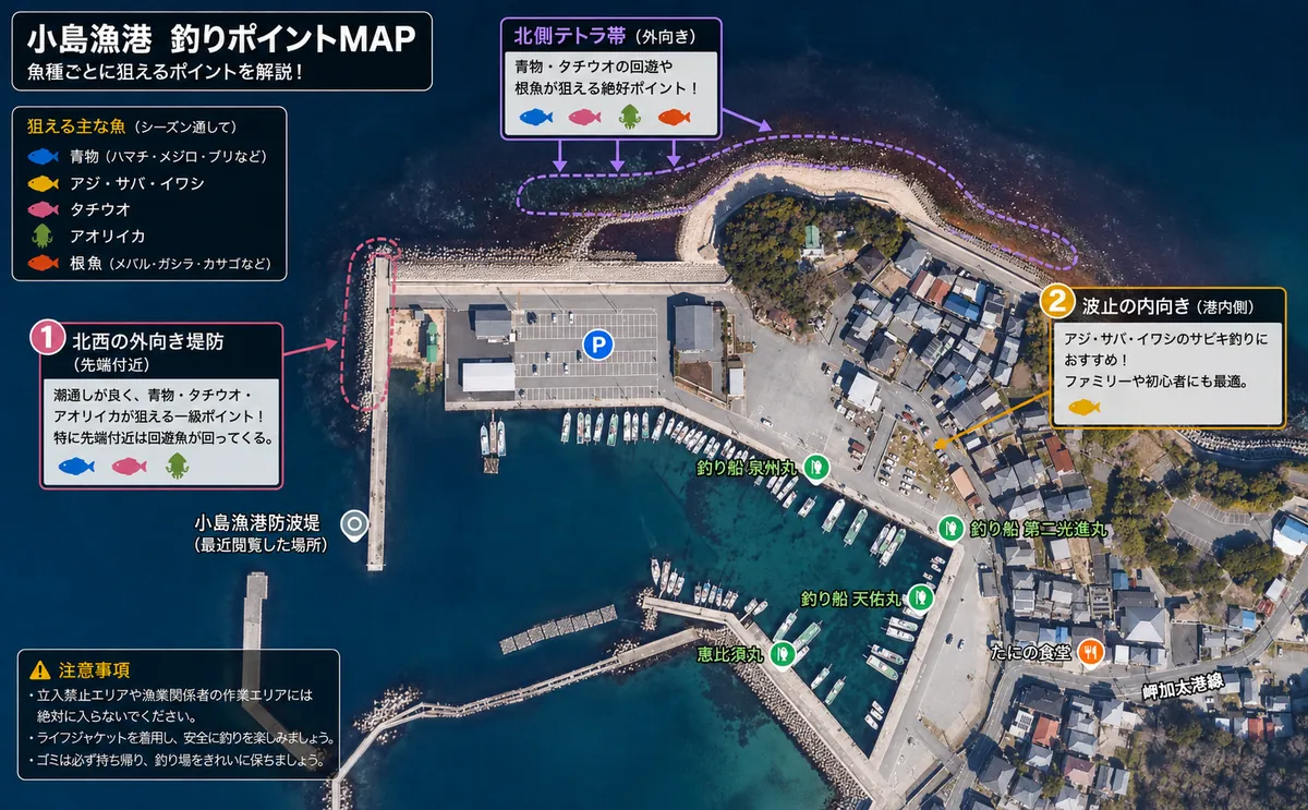 小島漁港 釣りポイントMAP、北西の外向き堤防・北側テトラ帯・波止の内向きなどポイントまとめ