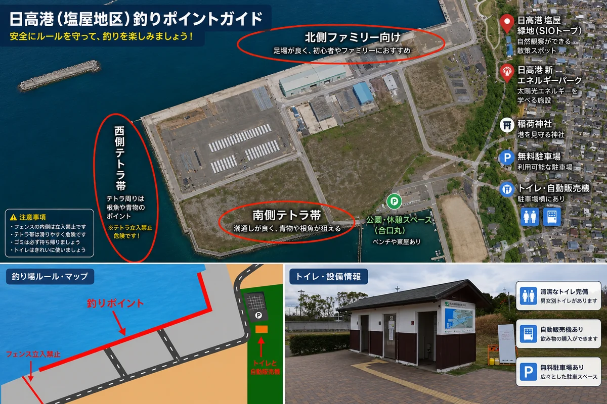 日高港(塩屋地区)釣りポイントガイド。北側ファミリー向け・西側/南側テトラ帯、無料駐車場とトイレの位置