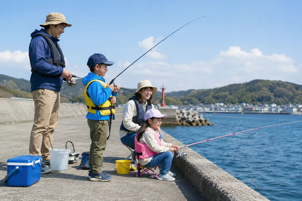 堤防で家族連れが釣りを楽しむ様子