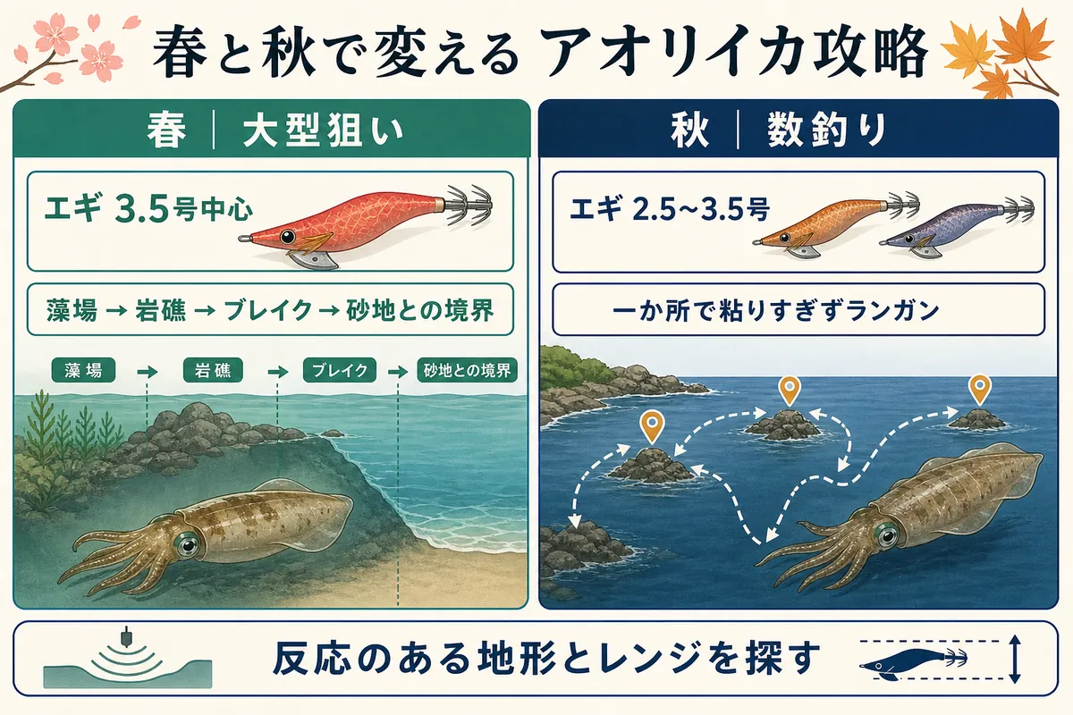 春と秋のアオリイカ攻略比較