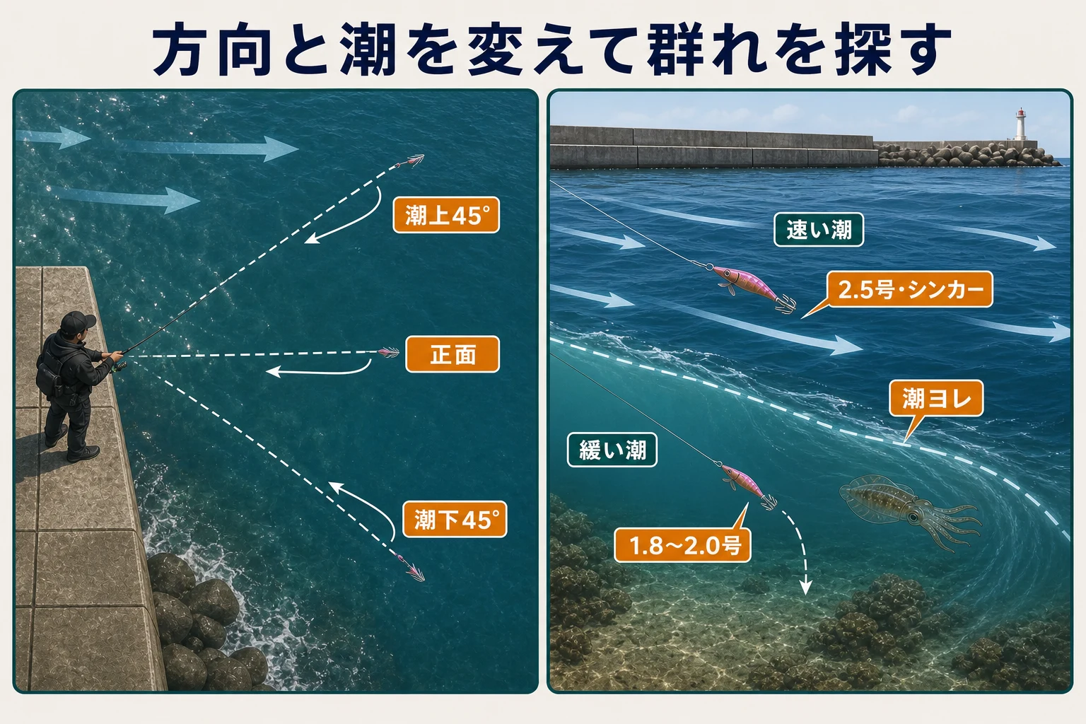 潮上・正面・潮下へ投げ分けて速い潮と潮ヨレを探る図