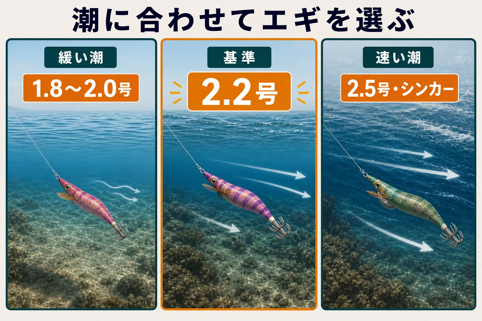 神戸・明石のショアケンサキで潮に合わせて1.8号・2.2号・2.5号のエギを選ぶ図