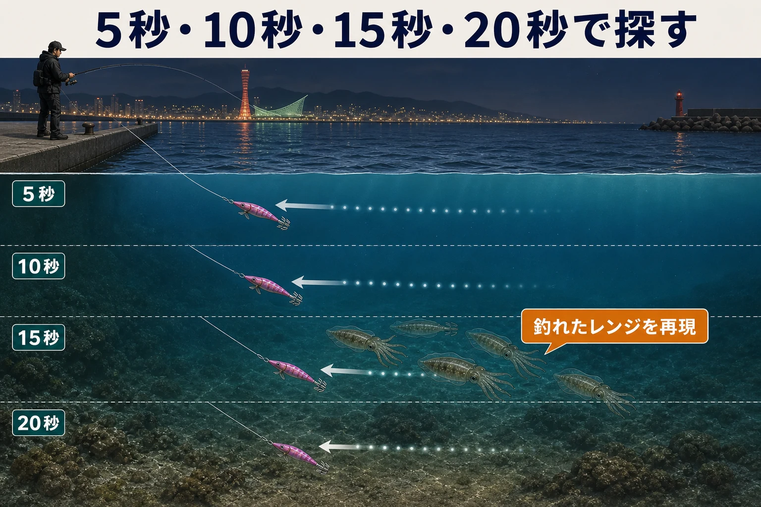 5秒・10秒・15秒・20秒でケンサキイカがいるレンジを探す図