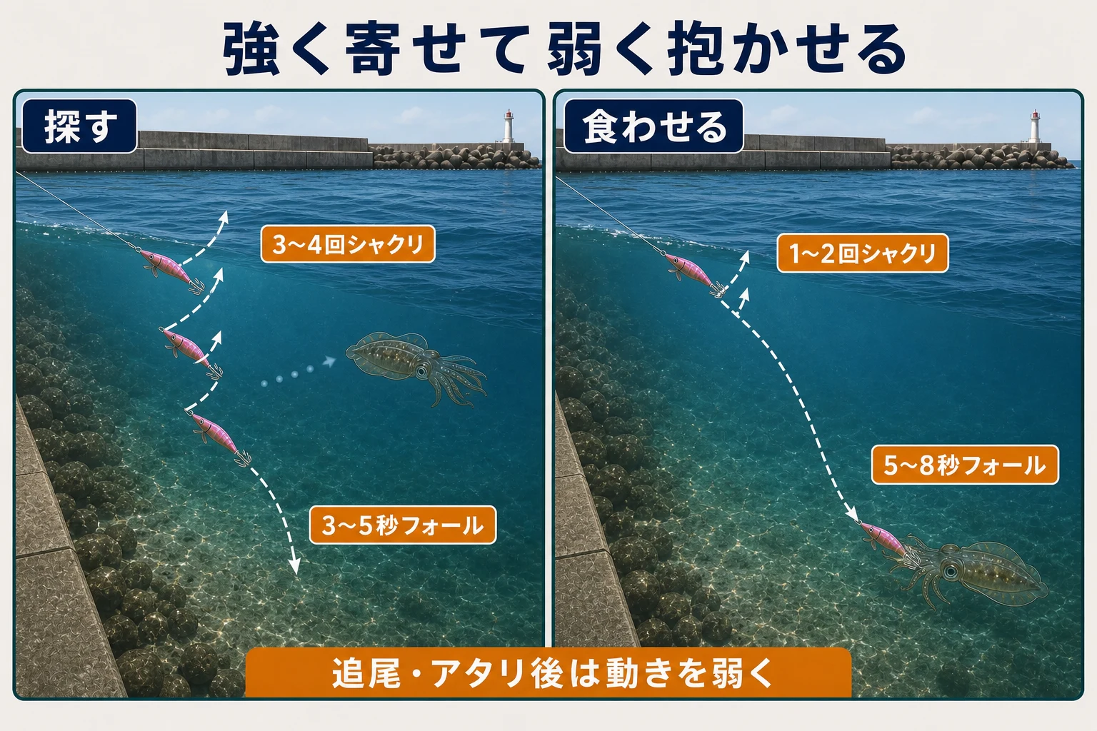 秋アオリイカを強いシャクリで寄せて弱い動きと長いフォールで抱かせる図