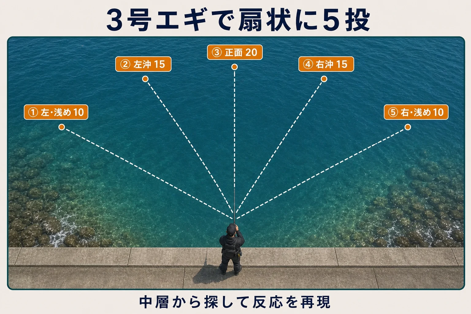 3号エギを左浅め・左沖・正面・右沖・右浅めへ扇状に投げる5投サーチ図