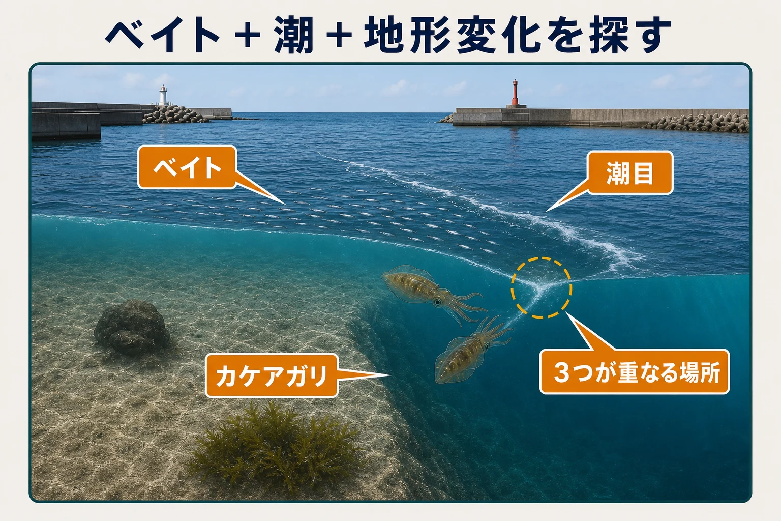 沼津・内浦〜西浦でベイト・潮目・カケアガリが重なる場所を探す図