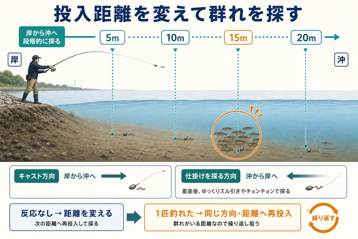 岸から投入距離を変えてハゼの群れを探す手順