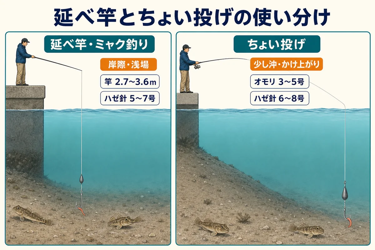 ハゼ釣りの延べ竿・ミャク釣りとちょい投げの仕掛け比較
