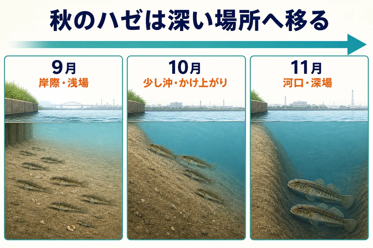 秋のハゼが9月の岸際から11月の河口・深場へ移る模式図