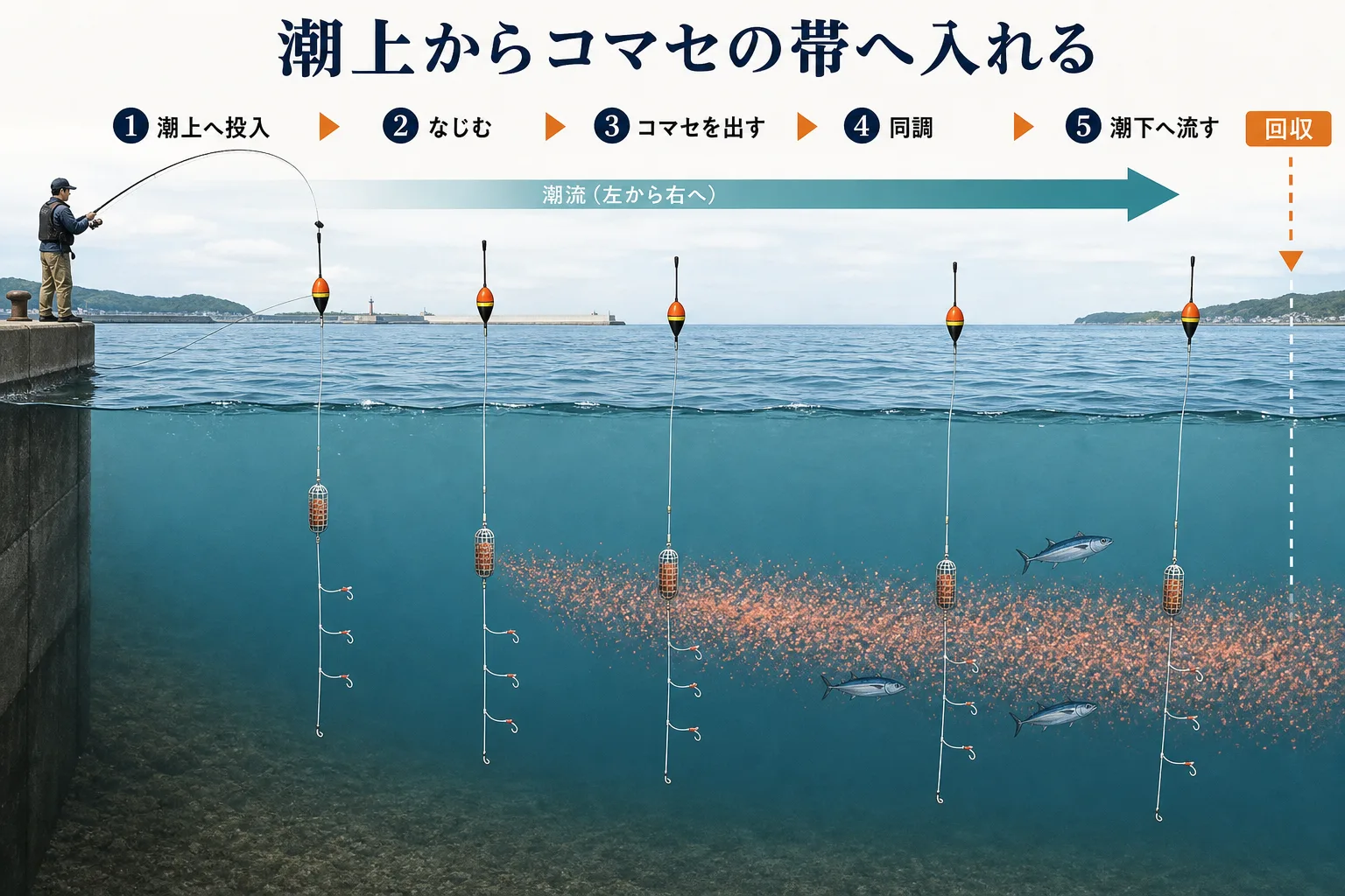 潮上へ投入してコマセの帯とサビキを同調させる流し方
