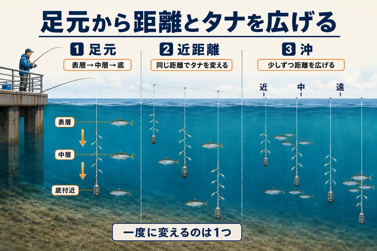 平磯海づり公園で足元から沖へ距離とタナを広げるアジサビキの探り方