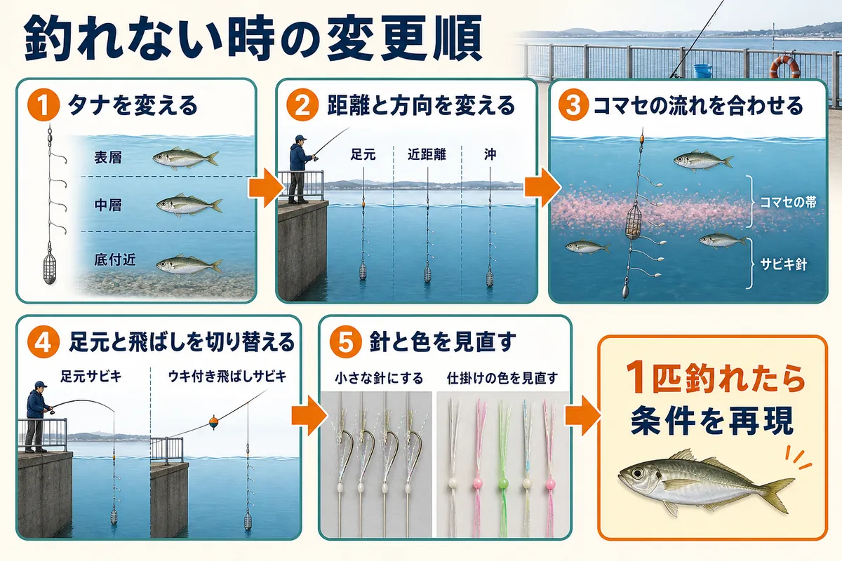 平磯海づり公園でアジのサビキ釣りが釣れない時の変更順