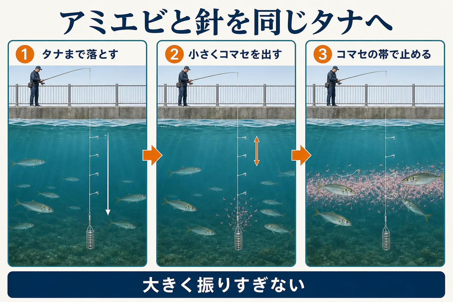 足元サビキでアミエビと針を同じタナへ入れる基本操作