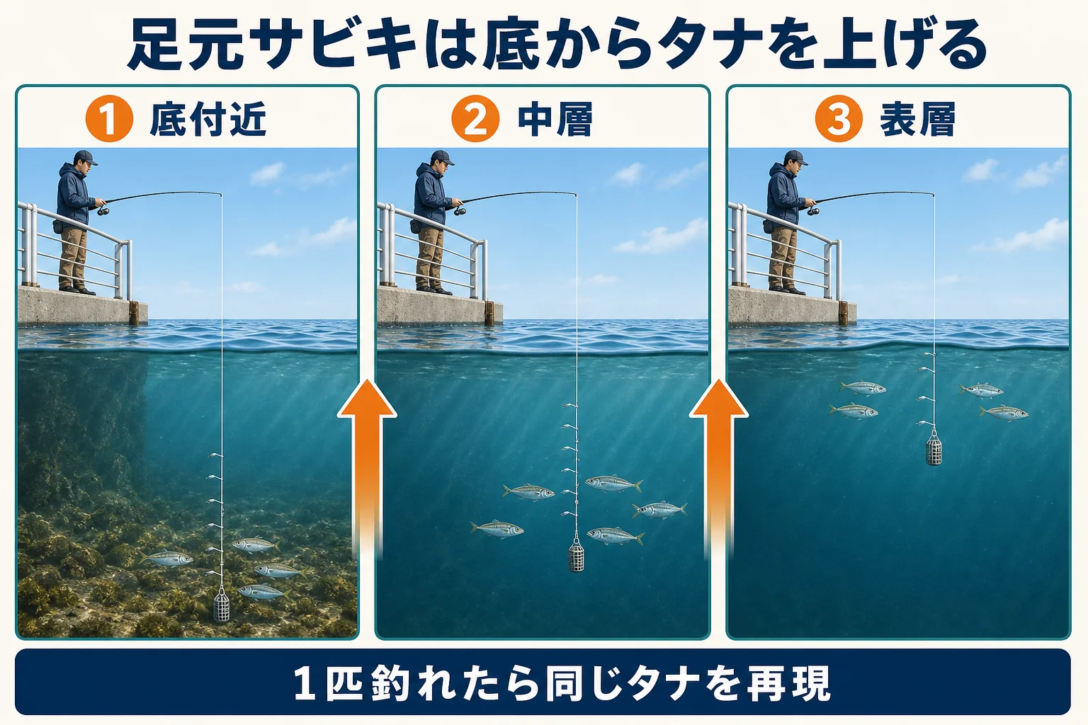 大阪南港魚つり園の足元サビキで底付近から中層・表層へタナを上げる手順