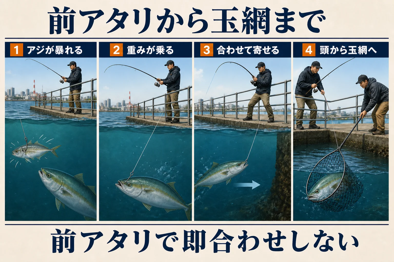 ノマセ釣りの前アタリから青物を玉網で取り込むまでの手順