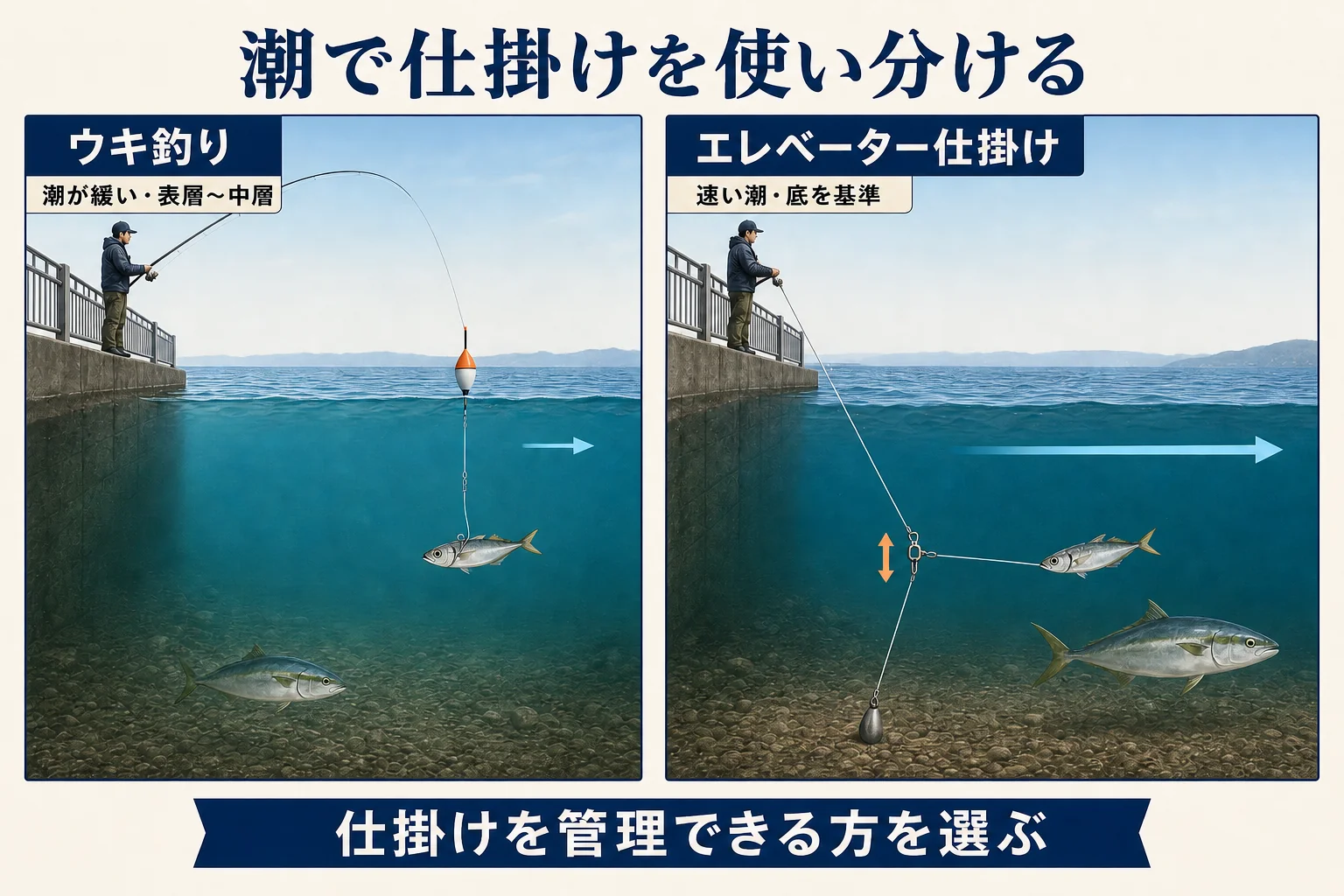 アジュール舞子のノマセ釣りでウキ釣りとエレベーター仕掛けを使い分ける図