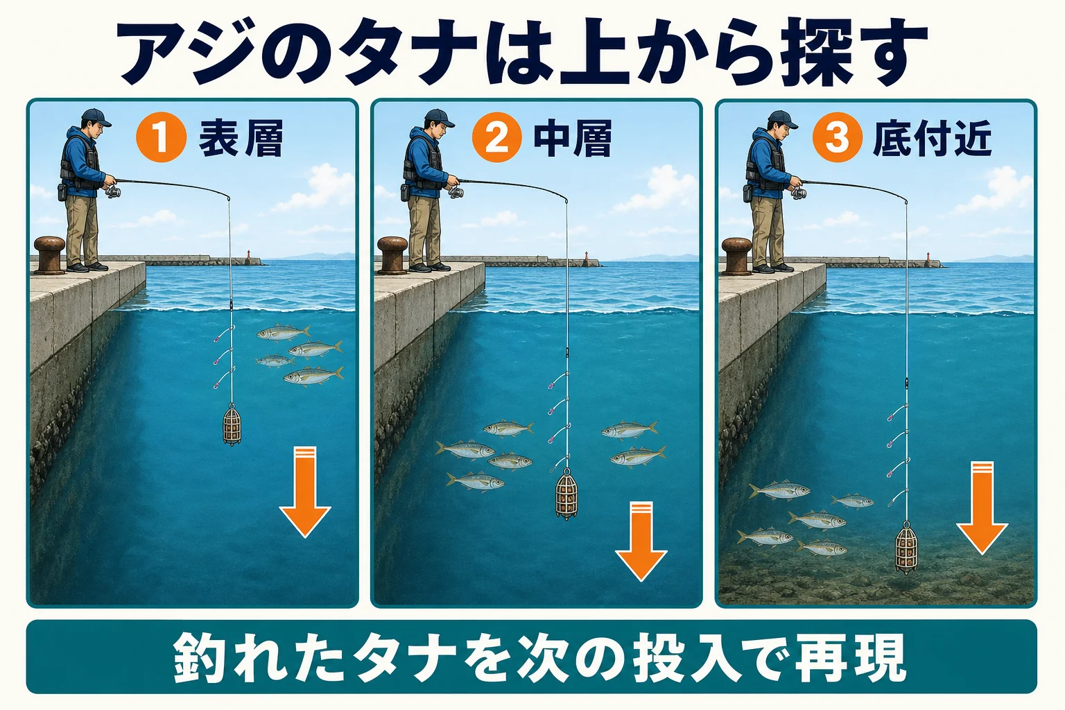 霞釣り公園のサビキ釣りでアジのタナを表層から底付近まで探る方法