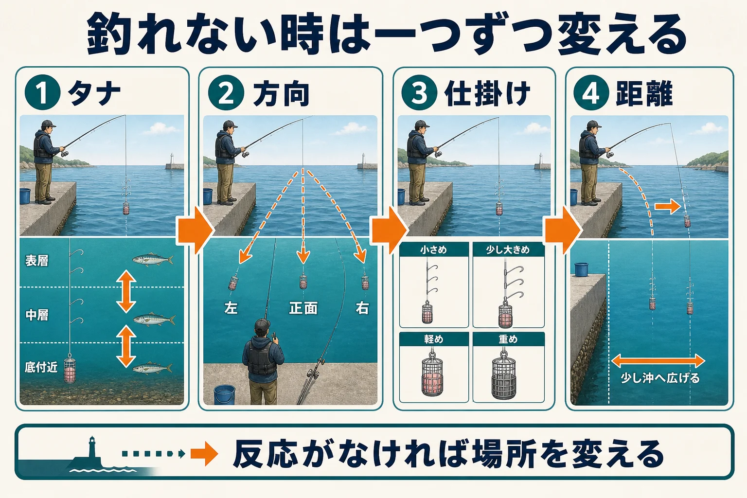 アジが釣れない時にタナ・方向・仕掛け・距離を順に変える方法