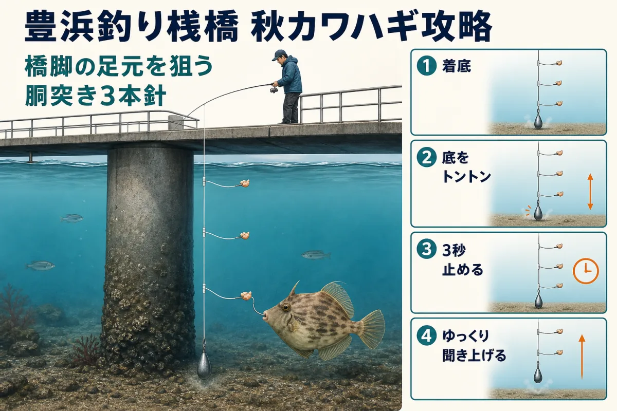 豊浜釣り桟橋の橋脚周辺を胴突き3本針で狙い、着底から聞き上げまで行うカワハギの釣り方