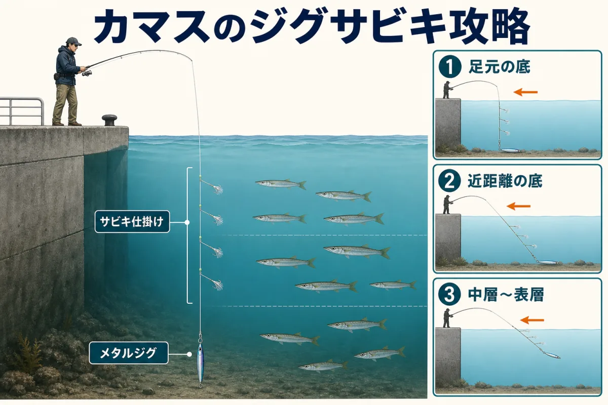 横須賀・海辺つり公園でカマス専用ジグサビキを使い、足元の底から中層・表層まで探る方法