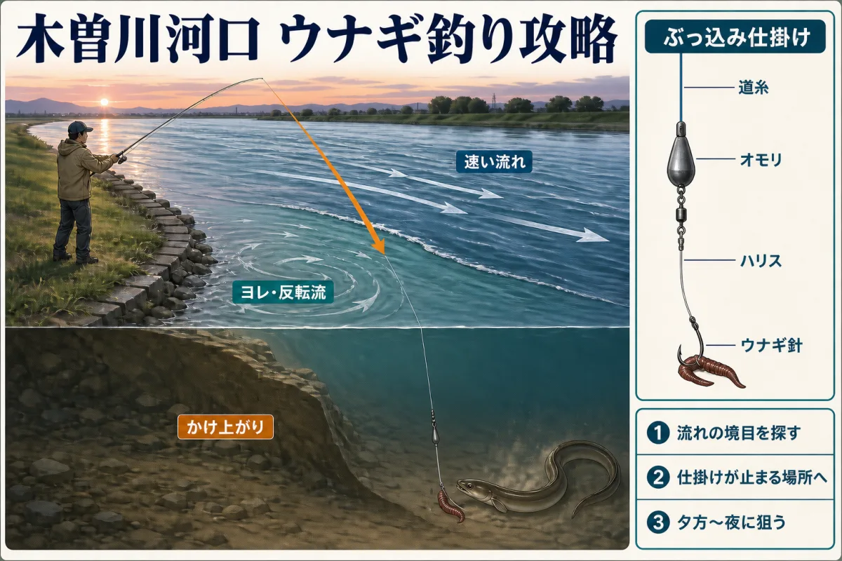 木曽川河口で速い流れを避け、ヨレとかけ上がりへウナギのぶっ込み仕掛けを入れる方法