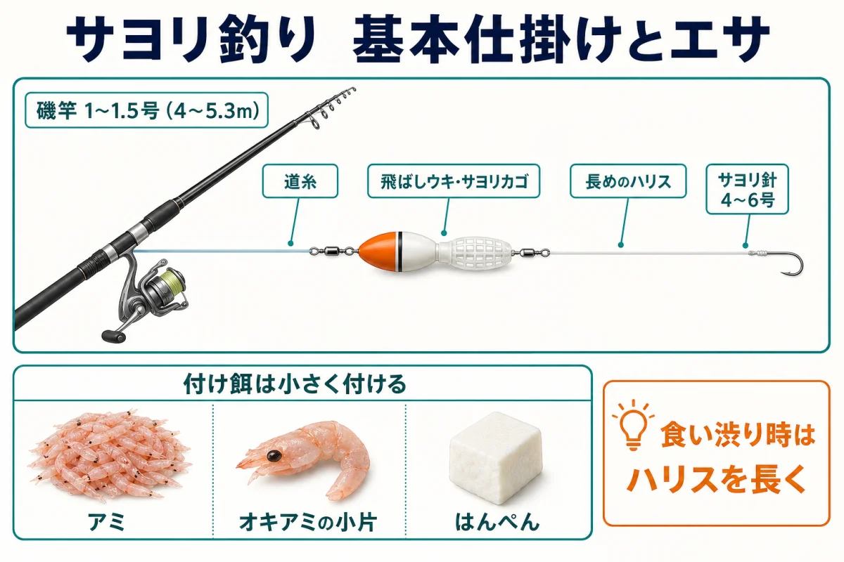 サヨリ釣りの基本仕掛けと付け餌の種類