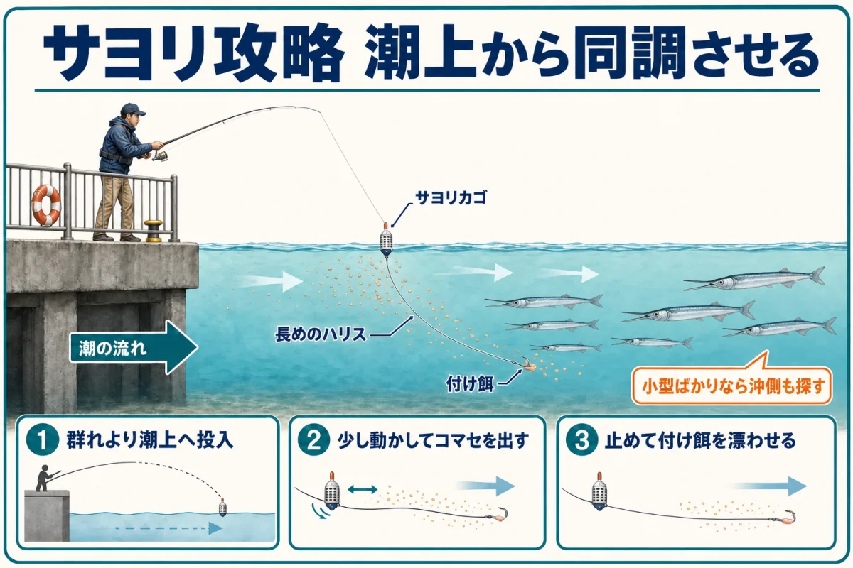 サヨリ仕掛けを潮上へ投入し、コマセと付け餌を同調させる釣り方