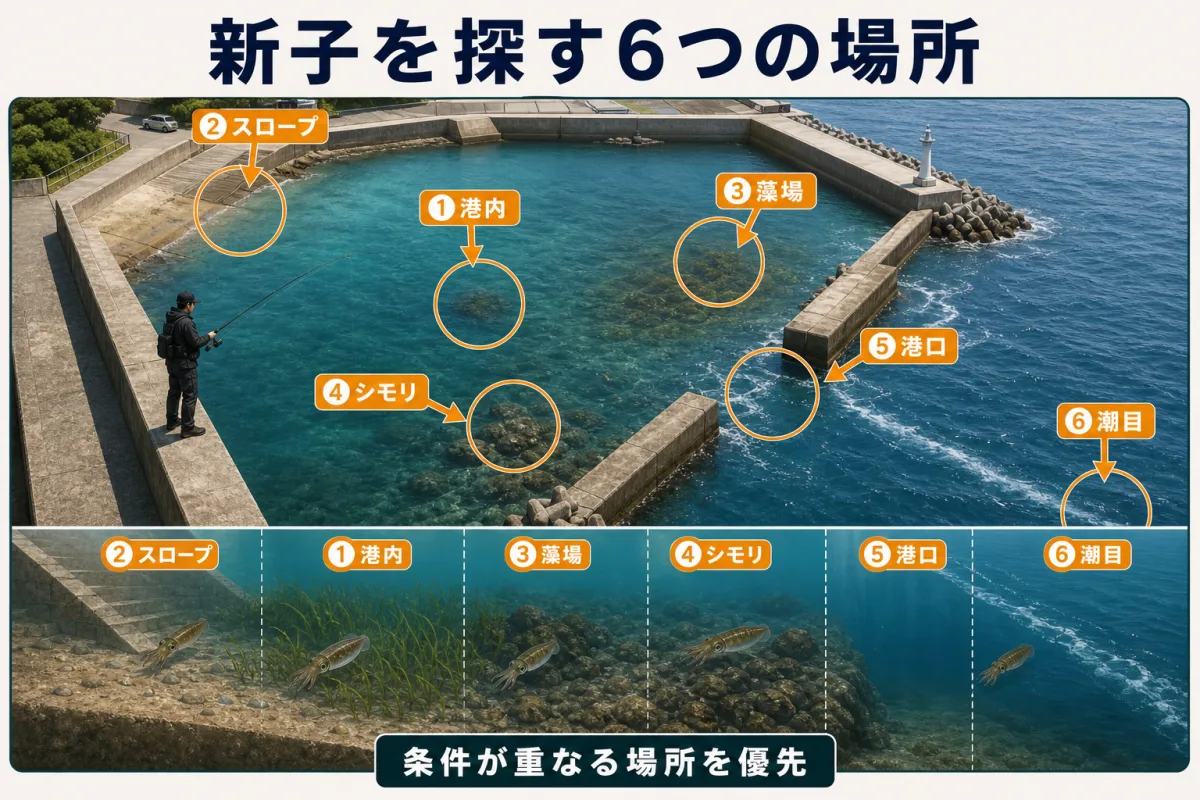 秋アオリイカ新子を探す港内・スロープ・藻場・シモリ・港口・潮目の模式図