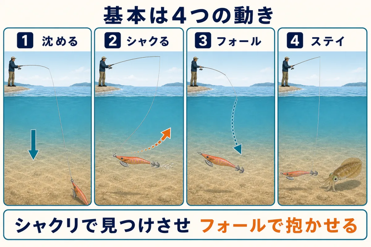 秋エギングの沈める・シャクる・フォール・ステイの基本4動作