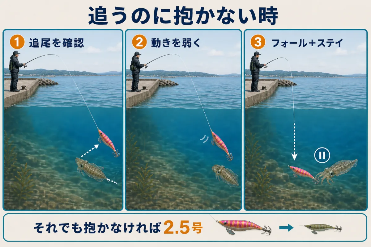見えイカがエギを追うのに抱かない時に動きを弱めてフォールとステイで狙う方法
