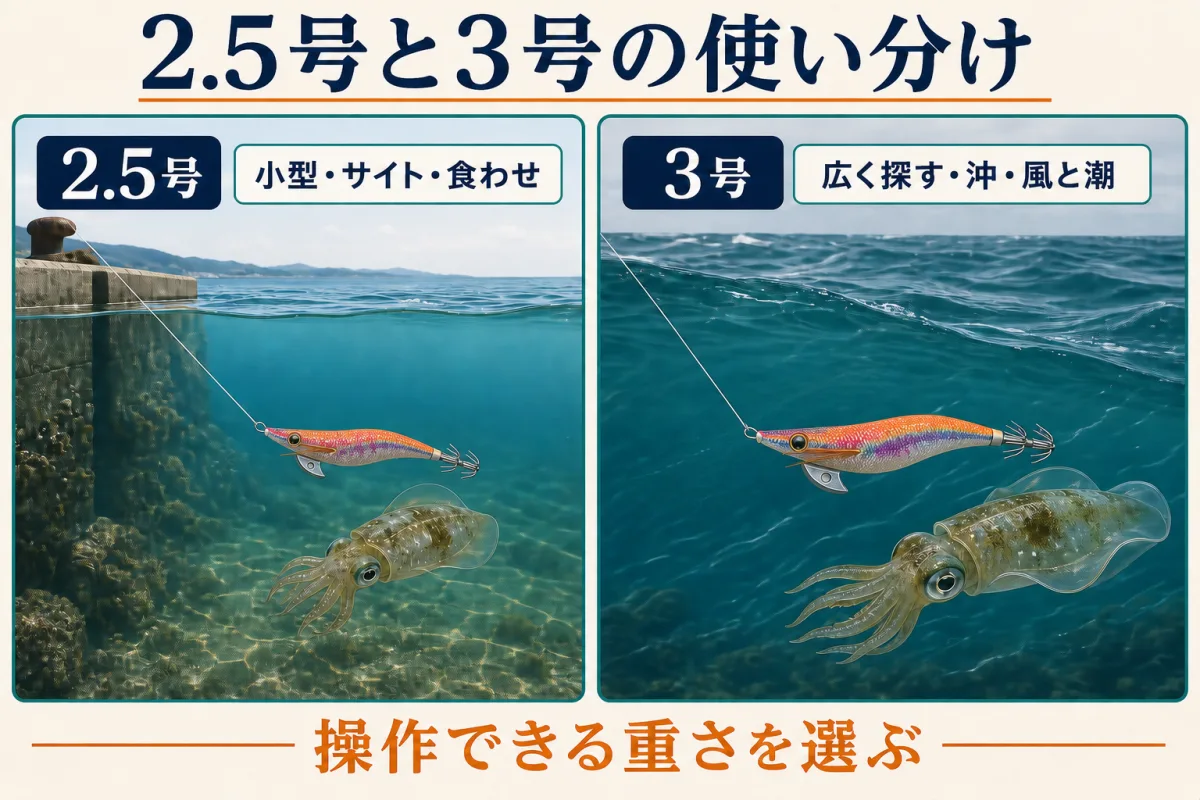 秋アオリイカ新子で2.5号と3号のエギを使い分ける方法