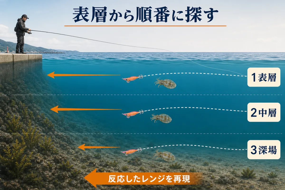秋アオリイカを表層・中層・深場の順に探して反応したレンジを再現する方法
