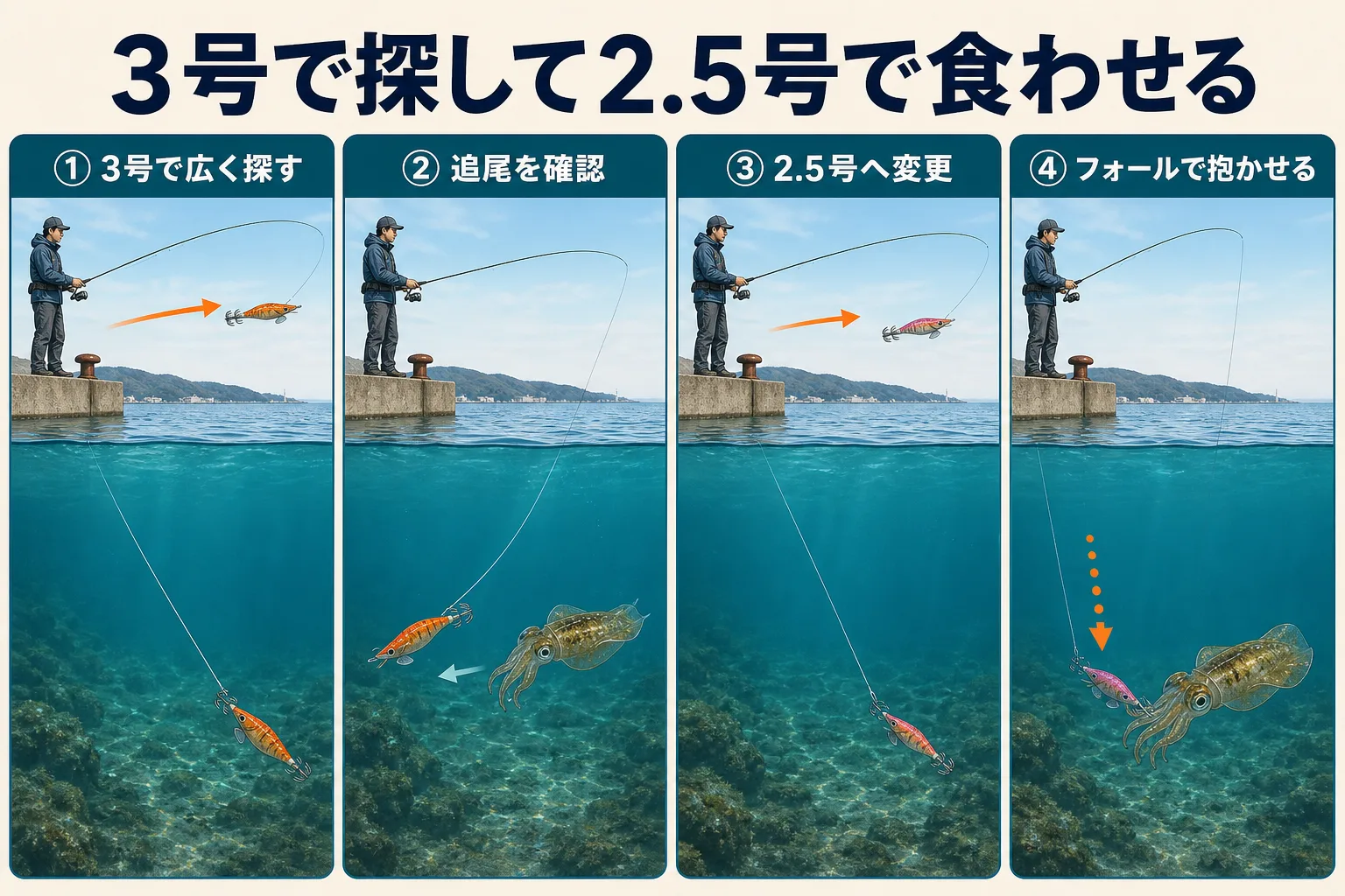 3号エギで探して2.5号へ替えフォールで抱かせる手順