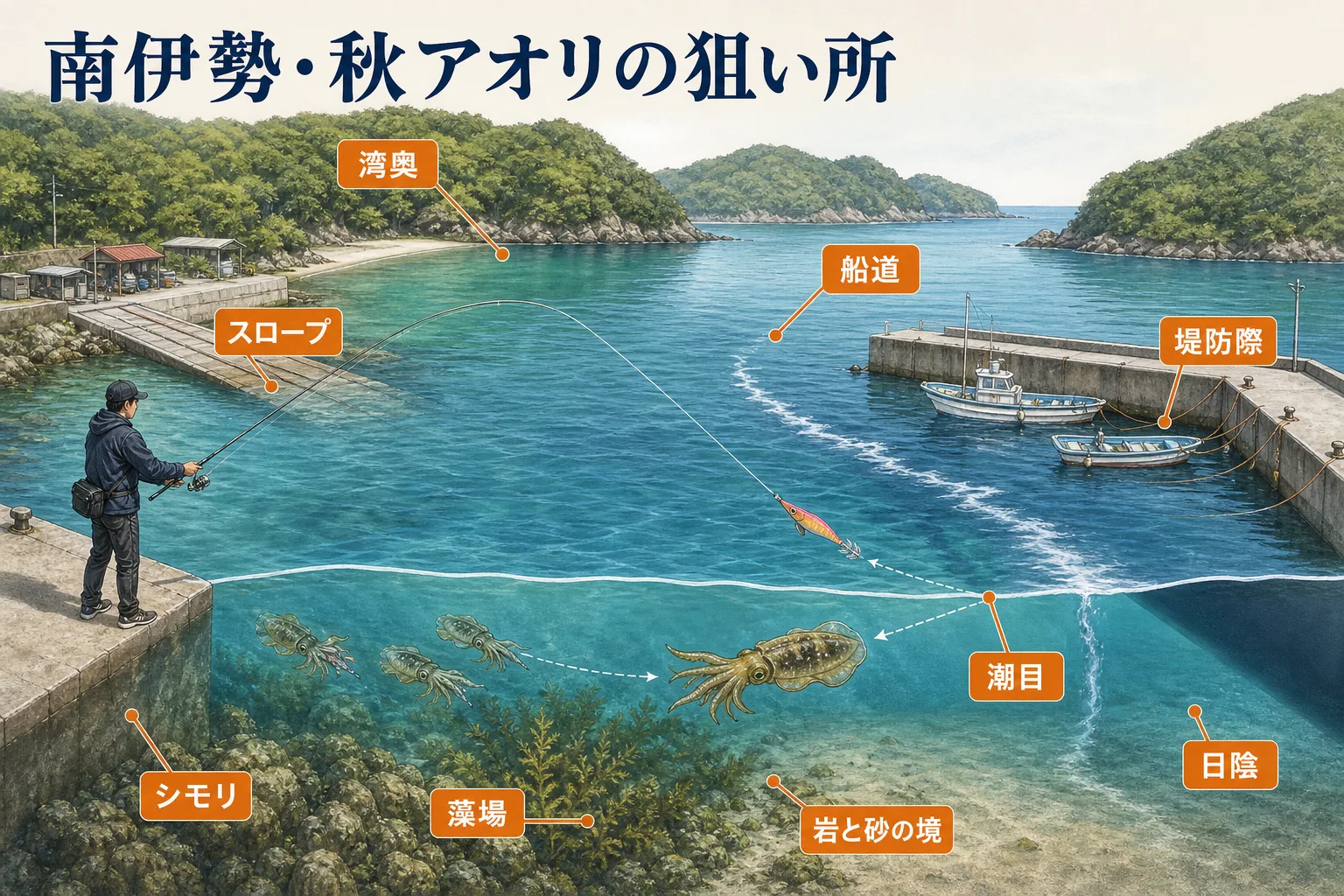 南伊勢の秋アオリイカ新子を狙う湾奥・船道・藻場・潮目の模式図