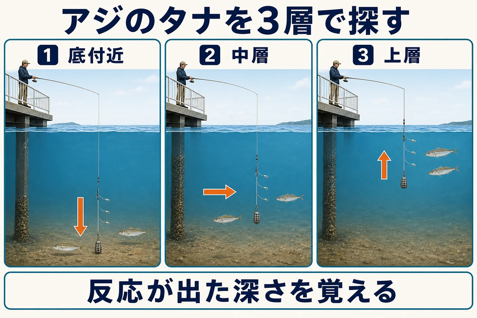 アジのタナを底付近・中層・上層で探す方法