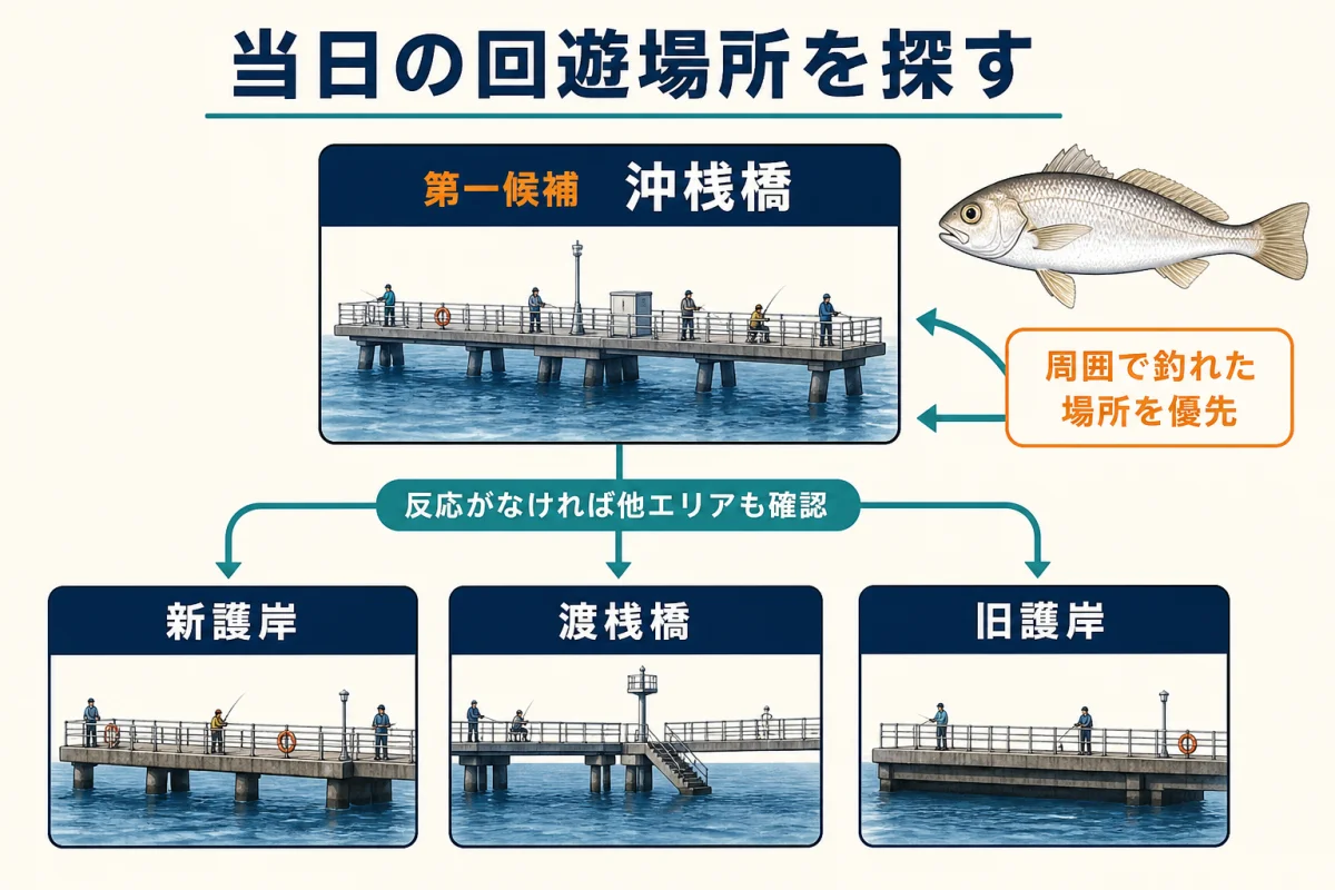 本牧海づり施設で当日のイシモチ回遊場所を探す判断図