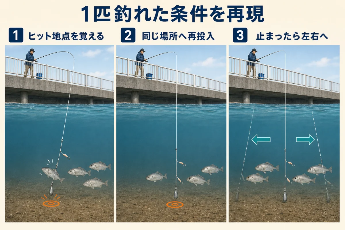 イシモチが釣れた方向と距離を再現する手順