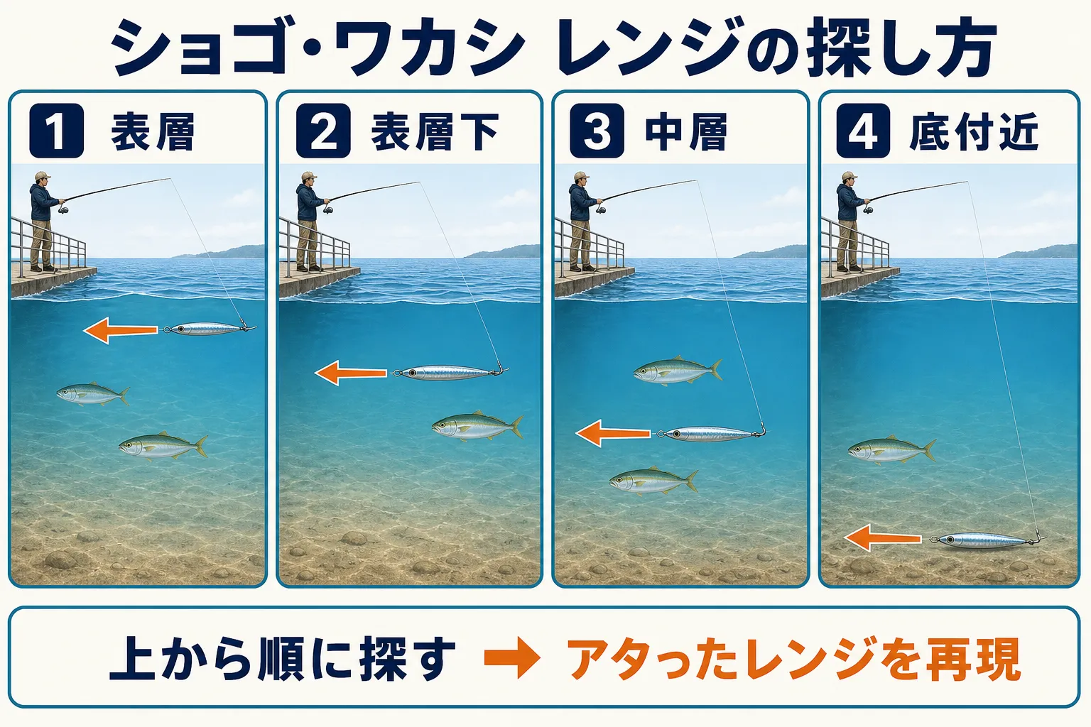 鹿島港魚釣園でショゴ・ワカシを探る表層・中層・底付近のレンジ図
