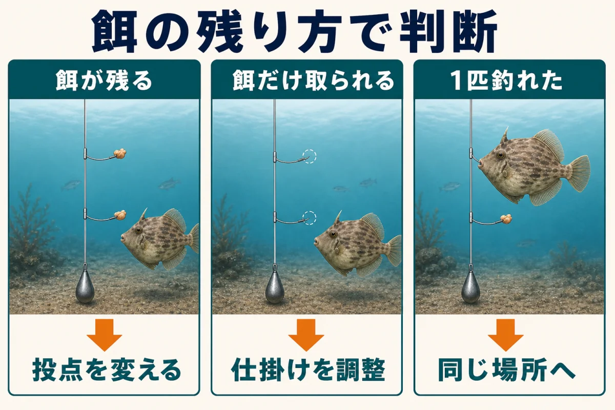 カワハギ釣りで餌の残り方から投点変更・仕掛け調整・再投入を判断する表