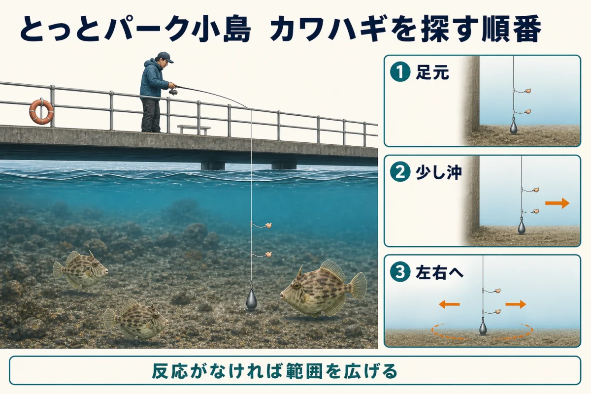 とっとパーク小島で秋カワハギを足元・少し沖・左右へ探す順番