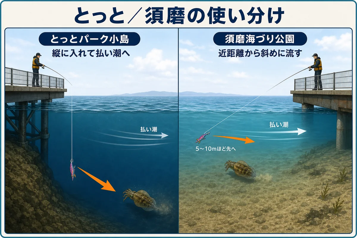 とっとパーク小島と須磨海づり公園のショアティップランの使い分け模式図