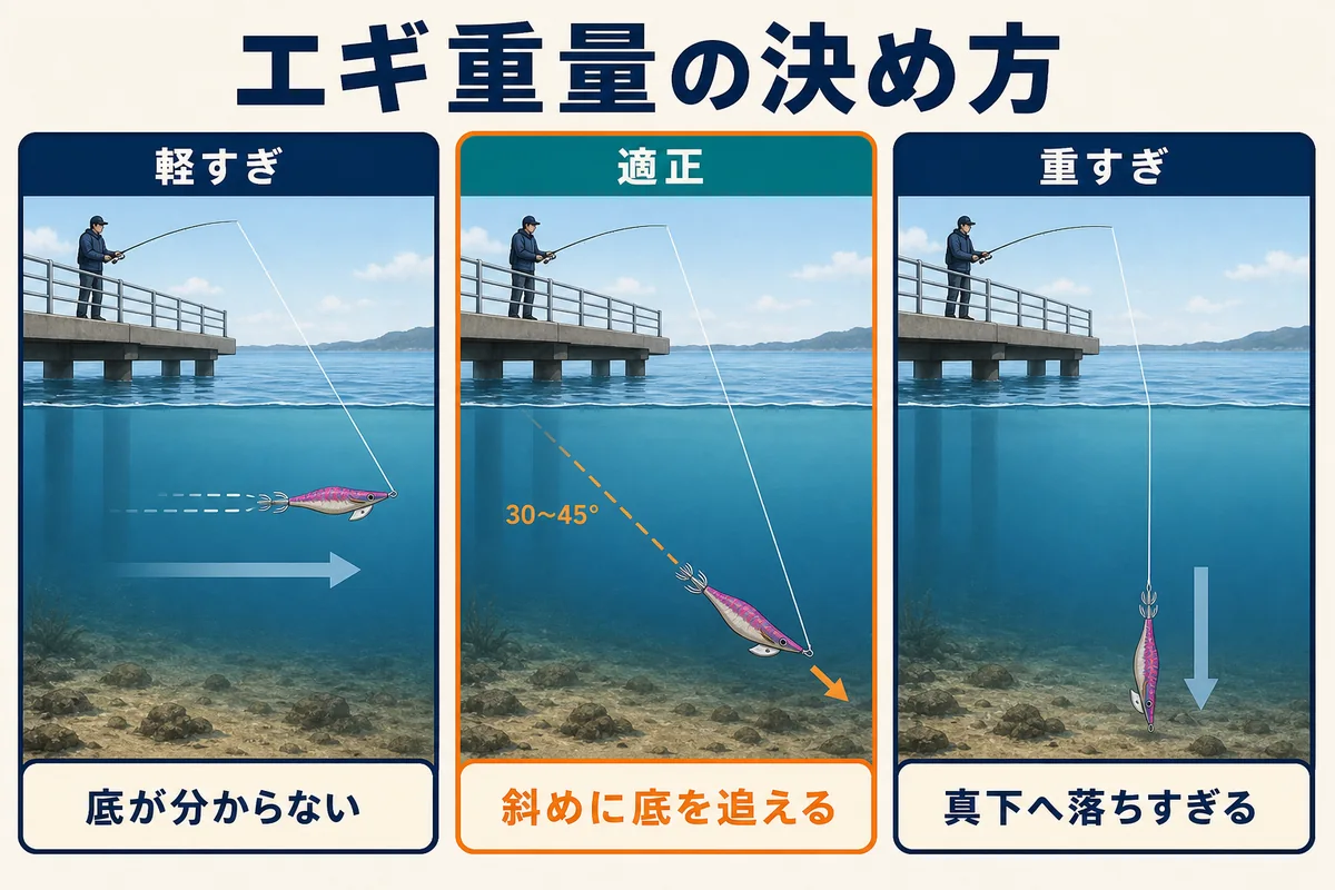 ショアティップランで軽すぎ・適正・重すぎを比較したエギ重量の決め方