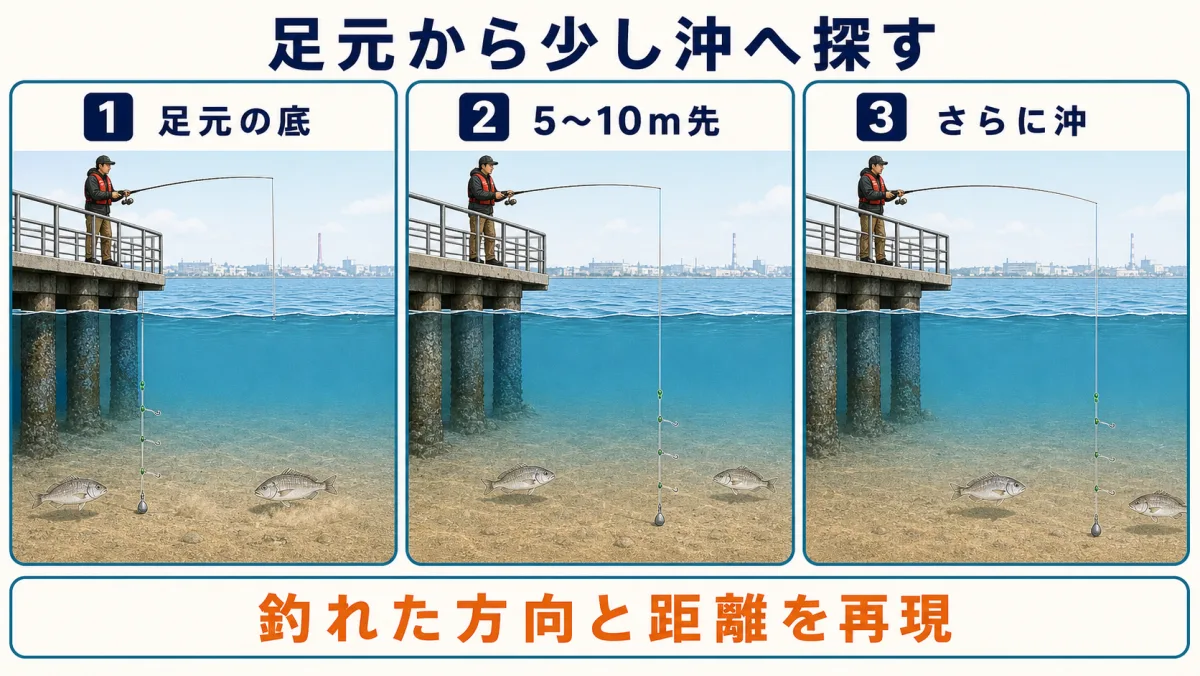 大黒海づり施設で足元から5〜10m先・さらに沖へイシモチを探す順番