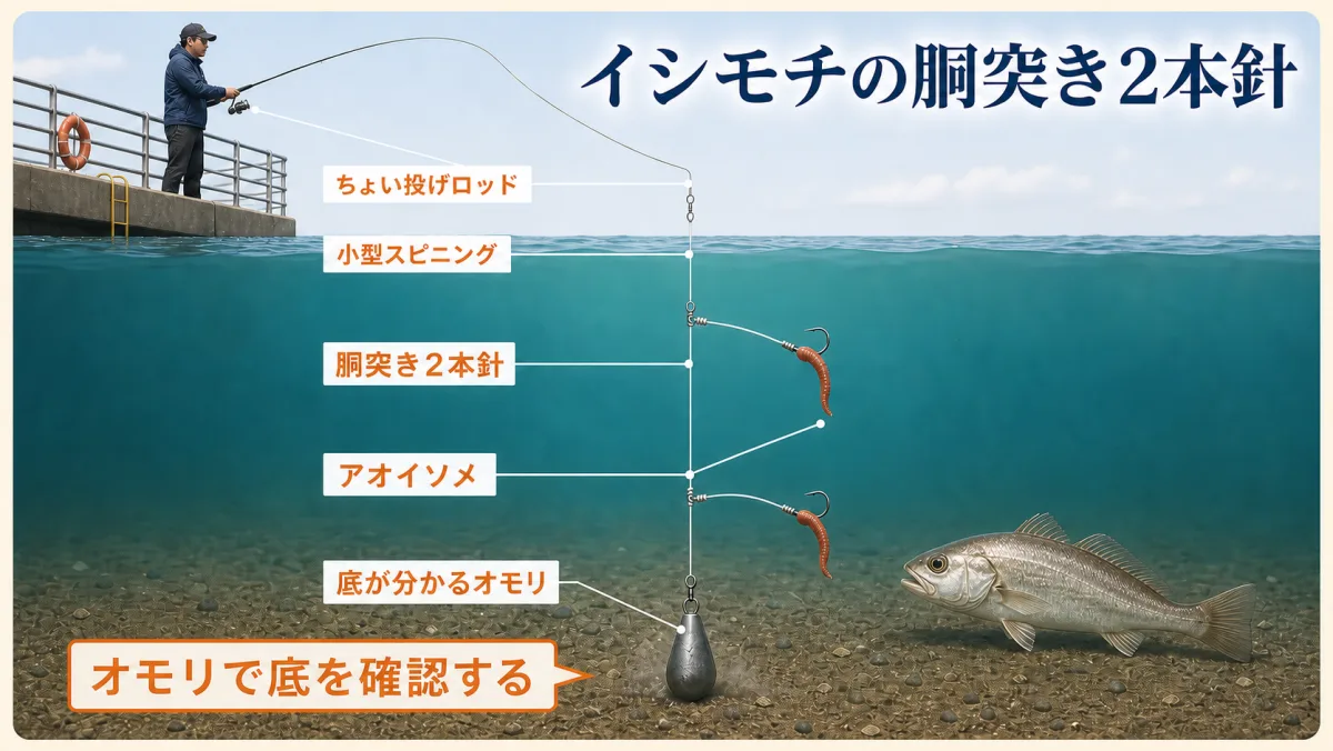 大黒海づり施設で使うイシモチ胴突き2本針とアオイソメの基本仕掛け