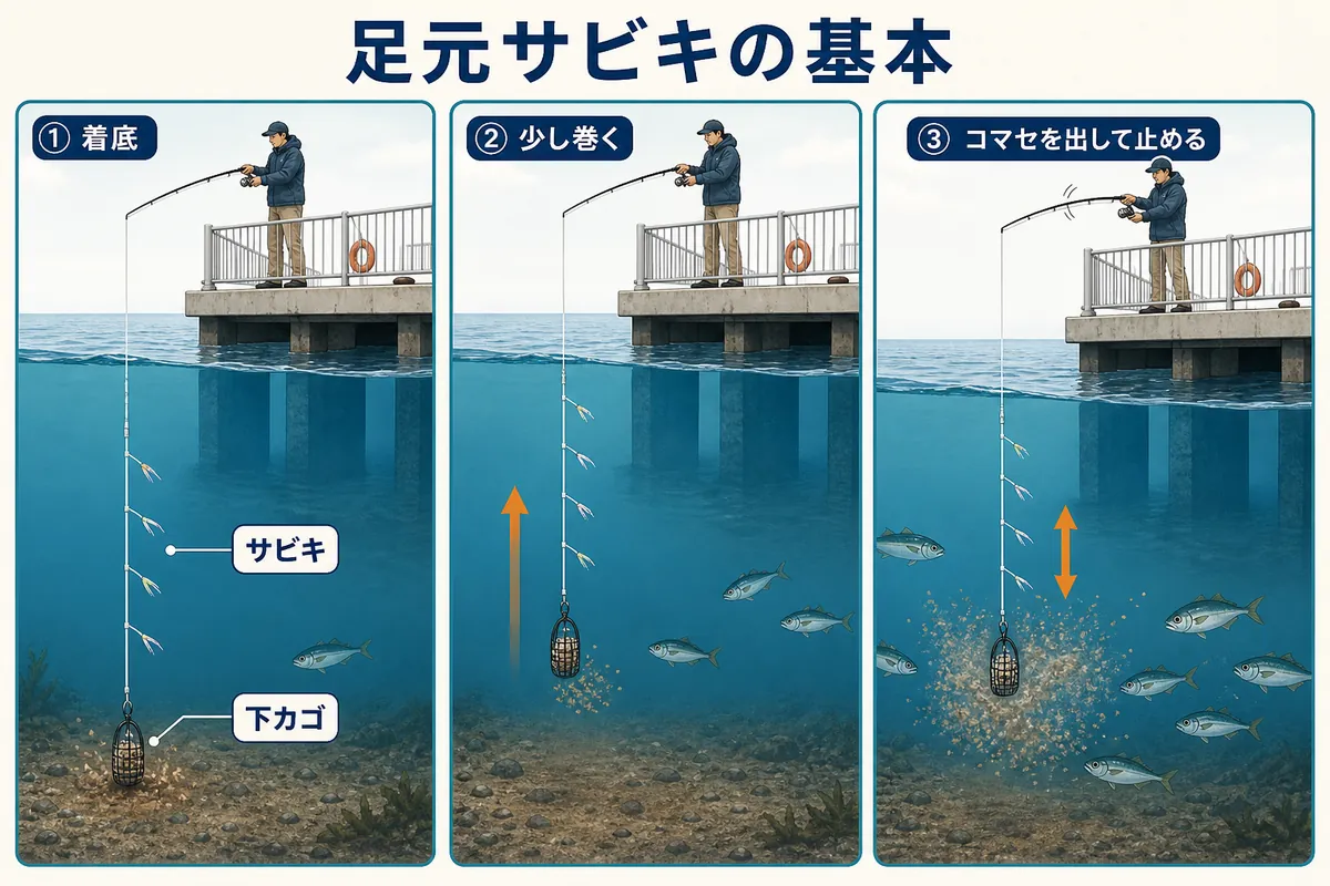 尼崎市立魚つり公園で使う下カゴ式の足元サビキと基本操作