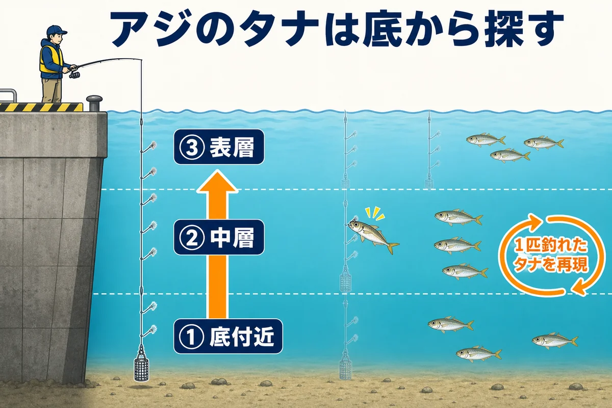 アジのタナを底付近から中層・表層へ探す手順
