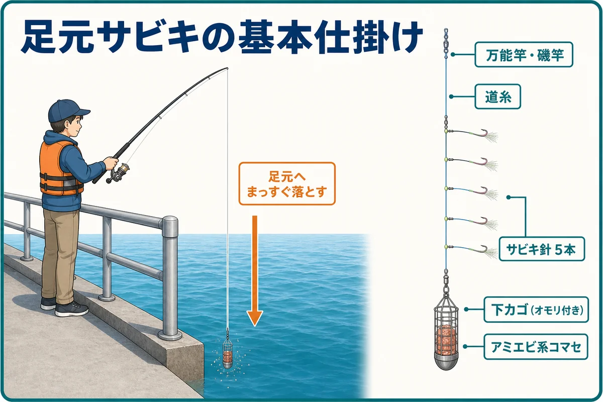 大黒海づり施設で使う下カゴ式の足元サビキ仕掛け