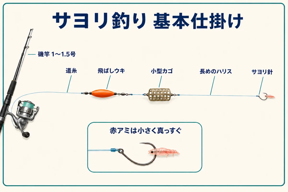 サヨリ釣りの飛ばしウキ・小型カゴ・長めのハリス・1本針の基本仕掛け